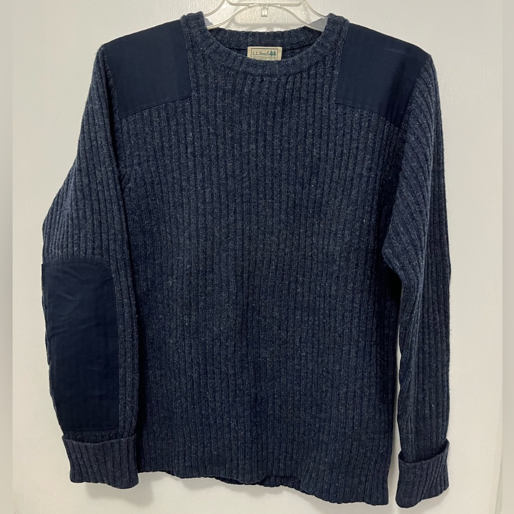 LL Bean Merino Sweater Lambs Wool Shoulder Elbow Patches Ribbed Black Sz L